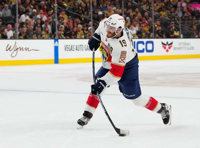 Jun 3, 2023; Las Vegas, Nevada, USA; Florida Panthers left wing Matthew Tkachuk (19) takes a shot against the Florida Panthers during the first period in game one of the 2023 Stanley Cup Final at T-Mobile Arena.