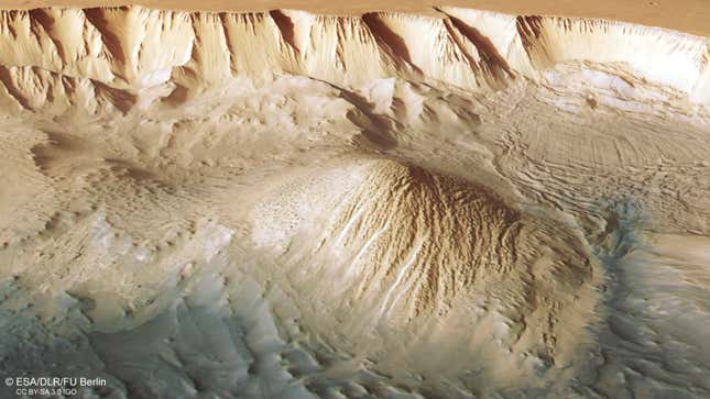 Perspective view of Tithonium Chasma, generated from data gathered by the Mars Express Orbiter.