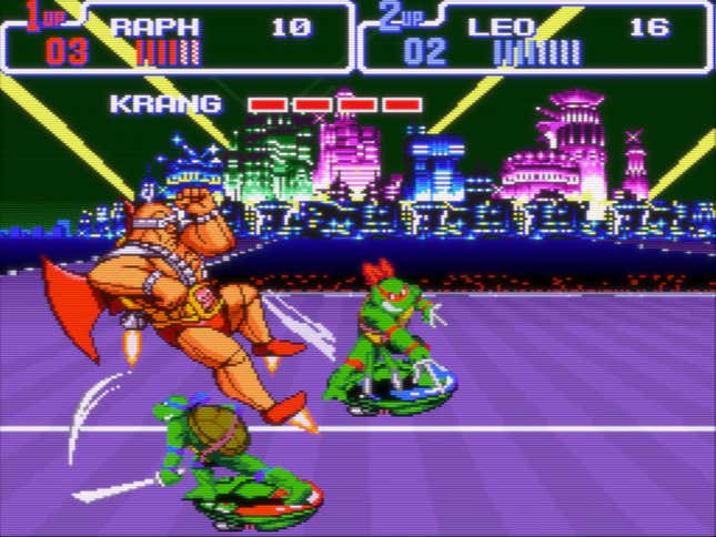 A hoverboarding Raph and Leo tangle with Krang in a neon-soaked future highway.
