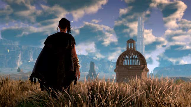 Forspoken's hero looks out at a temple across a wheat field. 