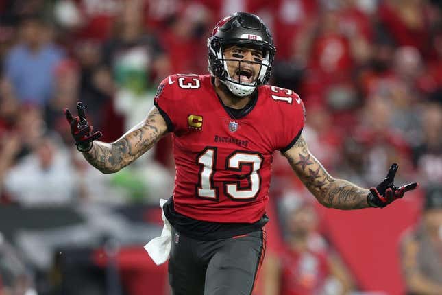 Dec 5, 2022; Tampa, Florida, USA; Tampa Bay Buccaneers wide receiver Mike Evans (13) reacts after a flag against the New Orleans Saints in the fourth quarter at Raymond James Stadium.