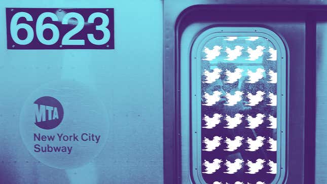 An illustration of Twitter logos fading against a subway in New York City.