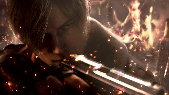 Leon aims a gun while walking through fire.