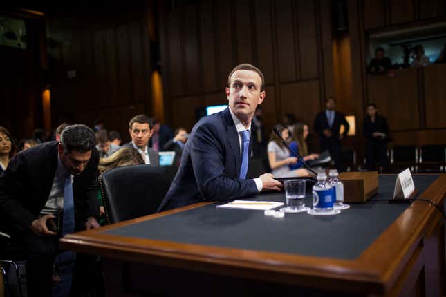  Facebook co-founder, Chairman, and CEO Mark Zuckerberg testifies before a combined Senate Judiciary and Commerce committee hearing in the Hart Senate Office Building on Capitol Hill on April 10, 2018, in Washington, DC.