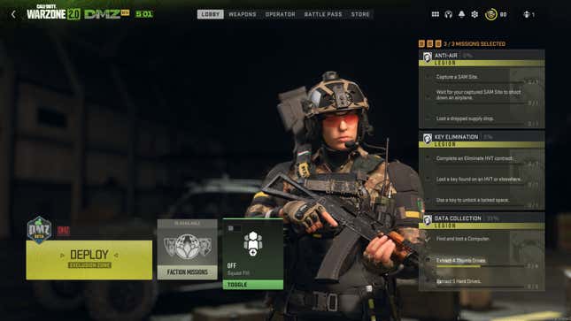 The main menu of Call of Duty's DMZ mode shows deployment, mission selection, and matchmaking options.