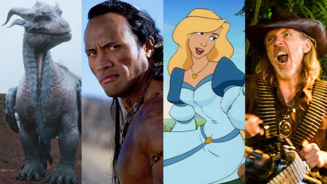 From left to right, images from Dragonheart: Vengeance, The Scorpion King, The Swan Princess, and Tremors: Shrieker Island 