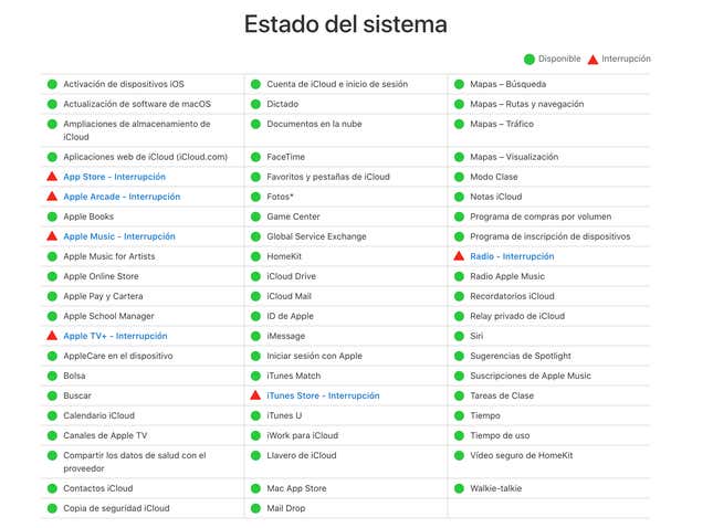 Imagen para el artículo titulado No es problema de tu iPhone: iCloud, iMessage, FaceTime, Apple Music, Mapas y otros servicios de Apple están caídos