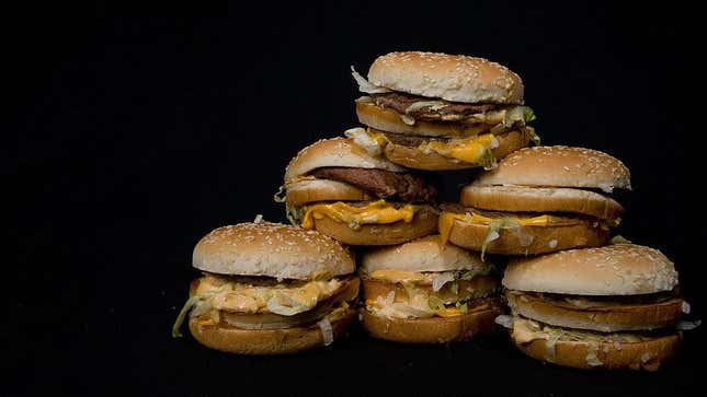A haphazard pyramid of six sloppy Big Mac burgers from McDonald's