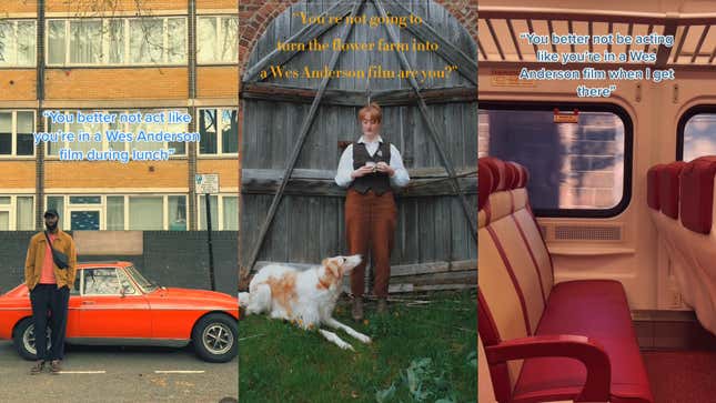 The Wes Anderson trend in action. Trains, cute dogs, and vintage cars are a must.