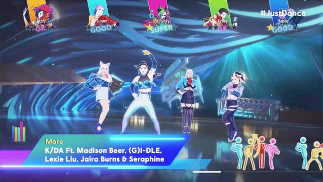A screenshot of Just Dance shows colorful dancing.