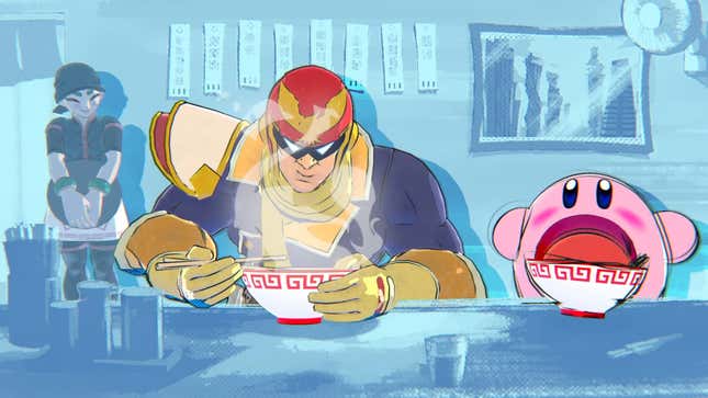 Captain Falcon and Kirby are just scarfing down a bowl of ramen while Min-Min watches in this Super Smash Bros. Ultimate screenshot.
