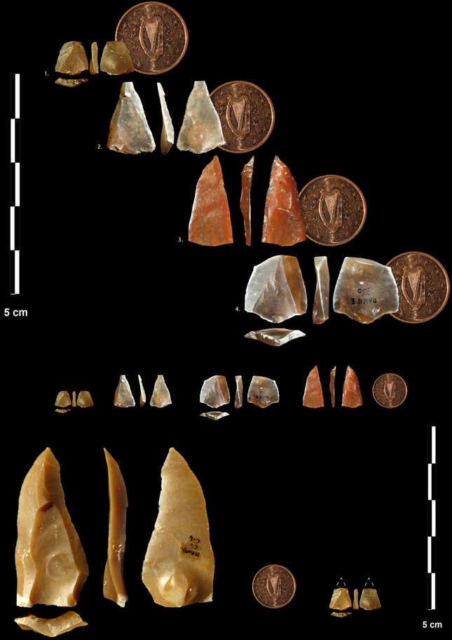 Some of the worked stones from Grotte Mandrin (1 Euro cent to scale)