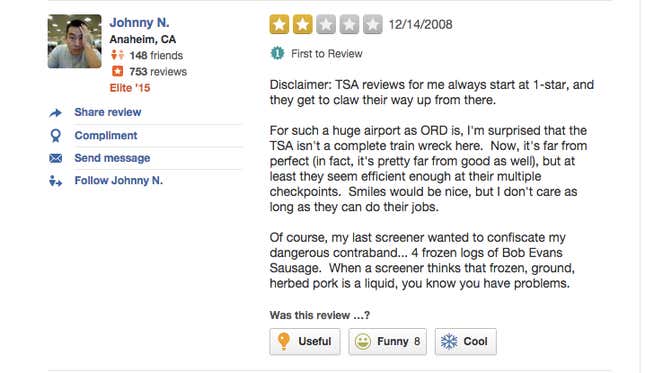 Image for article titled You can now write official Yelp reviews for the TSA—here are some of the best so far