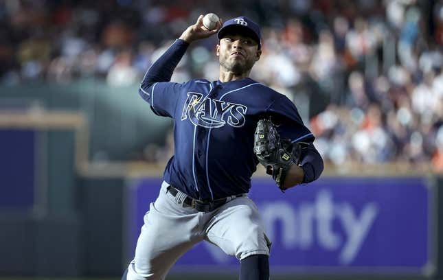 Jul 29, 2023; Houston, Texas, USA; Tampa Bay Rays starting pitcher Taj Bradley (45) delivers a pitch during the second inning against the Houston Astros at Minute Maid Park.