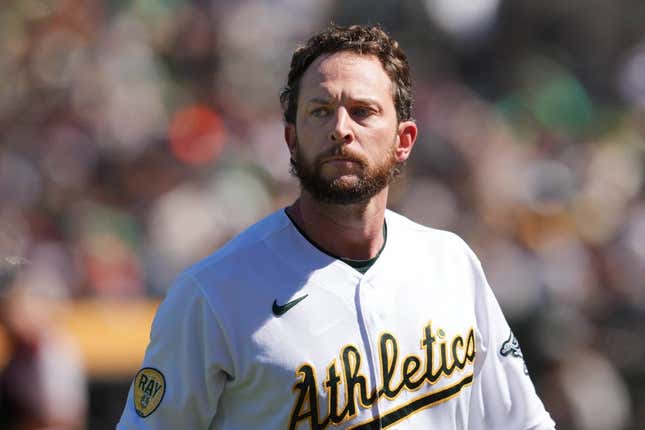 Aug 7, 2022; Oakland, California, USA; Oakland Athletics designated hitter Jed Lowrie (8) during the eighth inning against the San Francisco Giants at RingCentral Coliseum.