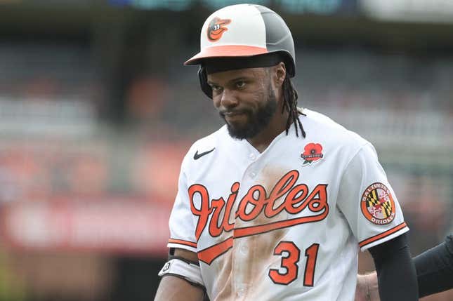 May 29, 2023; Baltimore, Maryland, USA; Baltimore Orioles center fielder Cedric Mullins (31) reacts after being removed from the game durng the ninth inning against the Cleveland Guardians at Oriole Park at Camden Yards.