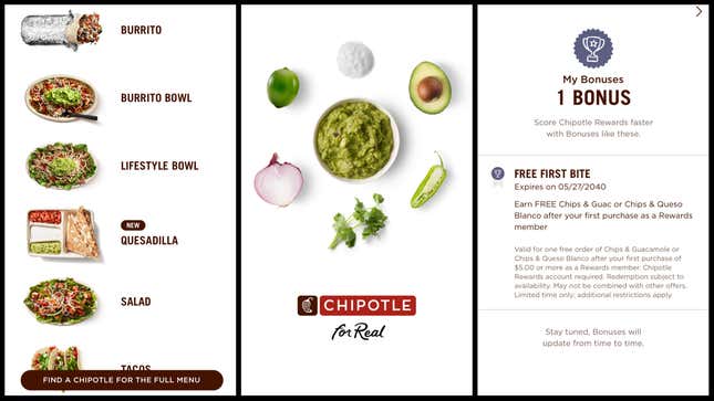 Screenshots from Chipotle mobile ordering and rewards app