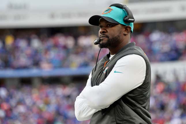 Miami Dolphins head coach Brian Flores watches from the sideline during the first half of an NFL football game against the Buffalo Bills, on Oct. 31, 2021, in Orchard Park, N.Y. The Pittsburgh Steelers hired the former Miami Dolphins coach on Saturday, Feb. 19, 2022, to serve as a senior defensive assistant. The hiring comes less than three weeks after Flores sued the NFL and three teams over alleged racist hiring practices following his dismissal by Miami in January.