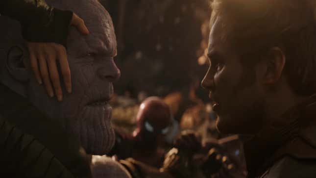 An angry Star-Lord confronts an anguished Thanos.