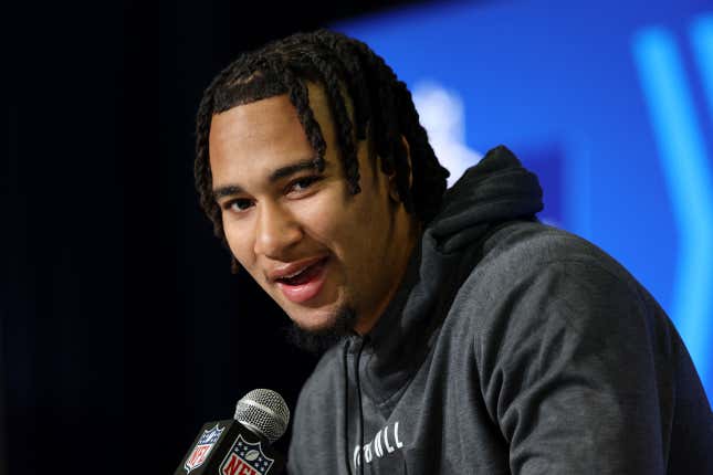 CJ Stroud (Ohio State) speaks to the media during the NFL Combine at Lucas Oil Stadium on March 3.