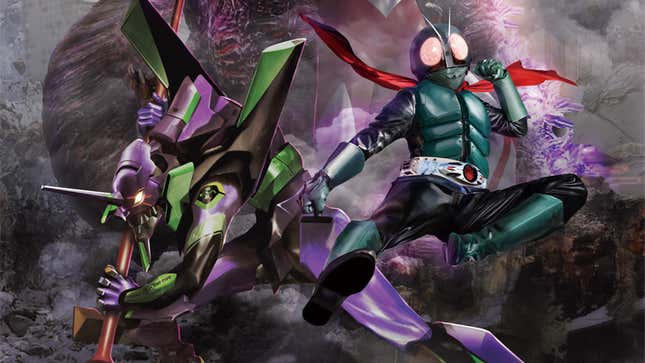The Evangelion Unit-O1 wields the Lance of Longinus while a giant Kamen rider does a dropkick.