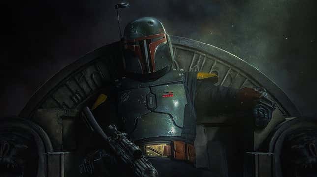 Boba Fett sits on the former throne of Bib Fortuna and Jabba the Hutt in very dark art for The Book of Boba Fett