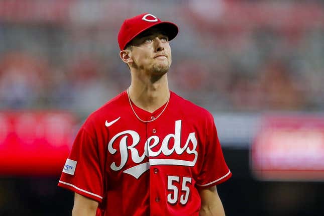 Aug 19, 2023; Cincinnati, Ohio, USA; Cincinnati Reds starting pitcher Brandon Williamson (55) walks off the field during a pitching change in the sixth inning against the Toronto Blue Jays at Great American Ball Park.