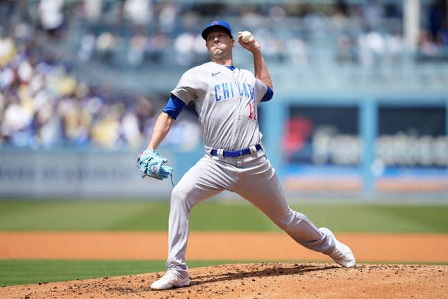 Apr 16, 2023; Los Angeles, California, USA; Chicago Cubs pitcher Drew Smyly (11) throws in the first inning against the Los Angeles Dodgers at Dodger Stadium.