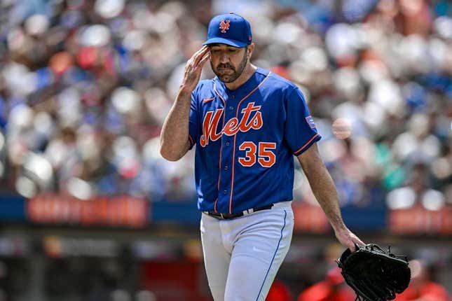Jul 30, 2023; New York City, New York, USA; New York Mets starting pitcher Justin Verlander (35) walks to the dugout during the fourth inning against the Washington Nationals at Citi Field.