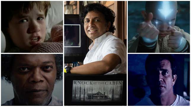 Clockwise from Upper Left: The Sixth Sense (Screenshot: Hollywood Pictures), M. Night Shyamalan (Photo: Universal Pictures), The Last Airbender (Screenshot: Paramount Pictures), Signs (Screenshot: Touchstone Pictures), Glass: (Screenshot: Universal Pictures)