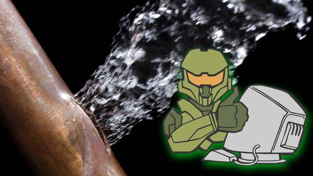 A cartoon of Master Chief gives the thumbs up in front of a leaking pipe.