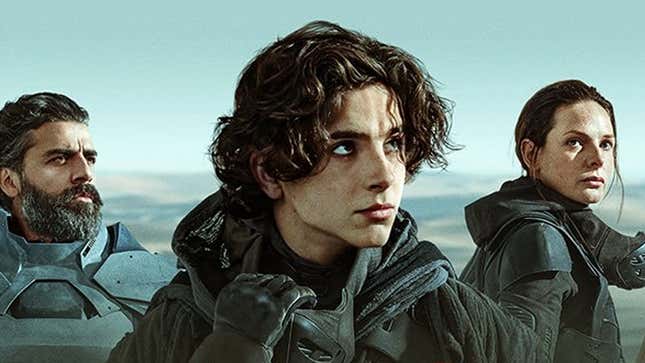 Timothée Chalamet, Oscar Isaac, and Rebecca Ferguson as Paul, Leto, and Jessica Atreides in Denis Villeneuve's Dune.