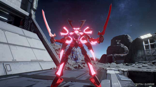 A red-glowing Gundam poses with its two swords drawn.