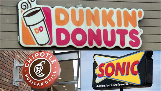 Signage for Dunkin Donuts, Chipotle, and Sonic