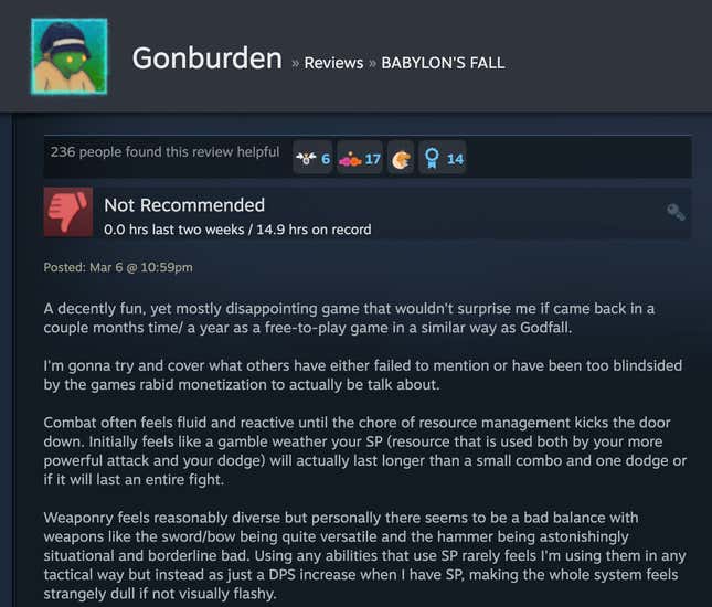 Image for article titled Babylon’s Fall, As Told By Steam Reviews