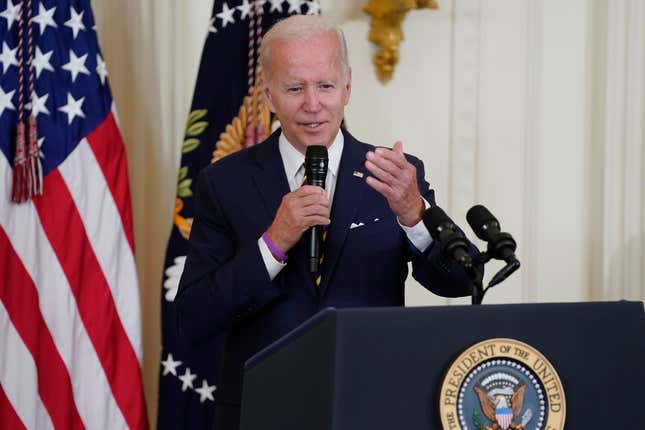 President Joe Biden speaks during an event in the East Room of the White House, Aug. 10, 2022, in Washington.