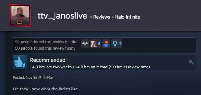 A steam review for the video game Halo Infinite.