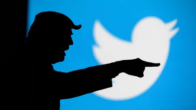 Donald Trump versus Twitter. Silhouette of angry American President in conflict with Chinese social network Twitter. Logo of company on blue screen in background