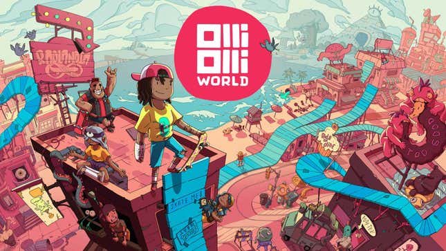 OlliOlli World's skaters pose on the rooftop of its busy cityscape. 