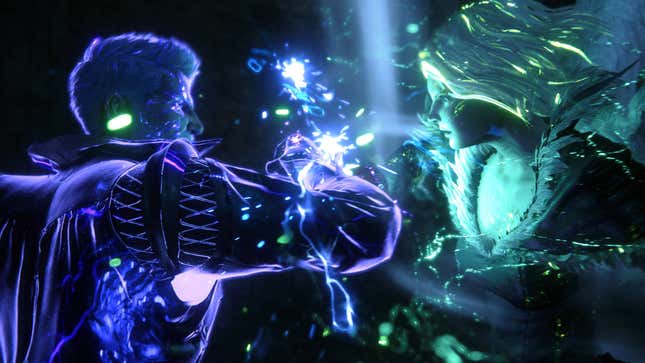 An image from Final Fantasy 16 showing two characters fighting each other.