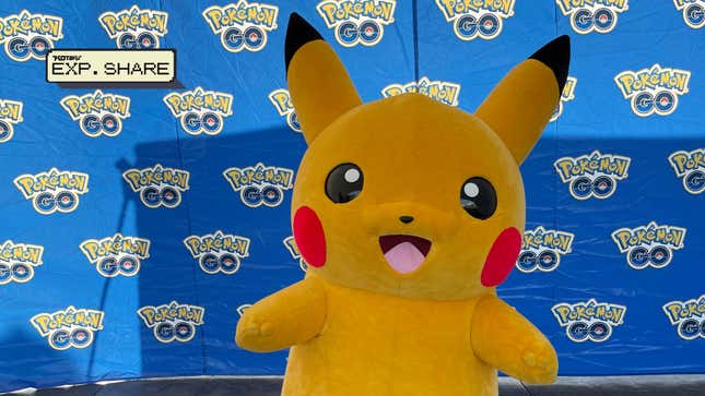 A Pikachu mascot is shown in a photo area with the Pokemon Go logo as a backdrop.