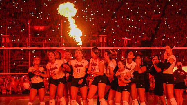 The Huskers watch a light show following their win against the Omaha Mavericks.