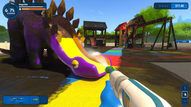 Someone cleaning a purple and yellow dinosaur slide in a children's playpark.