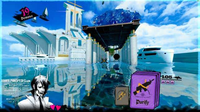 A screenshot of Neon White shows a demon standing among large white buildings and clouds. 