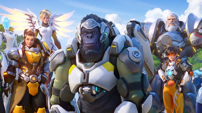 Echo, Brigitte, Mercy, Winston, Reinhardt, and Tracer are shown standing together in a group shot.