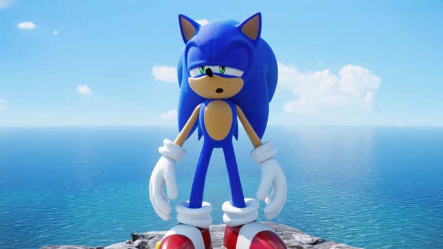Sonic is staring dumbfounded at something off-screen.