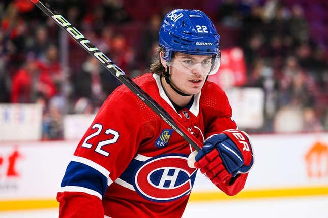 Jan 17, 2023; Montreal, Quebec, CAN; Montreal Canadiens right wing Cole Caufield (22) during warm-up before the game against the Winnipeg Jets at Bell Centre.