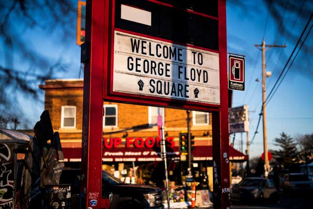 A sign reads Welcome to George Floyd Square, at the memorial site surrounding the location George Floyd was killed on January 20, 2022, in Minneapolis, Minnesota.