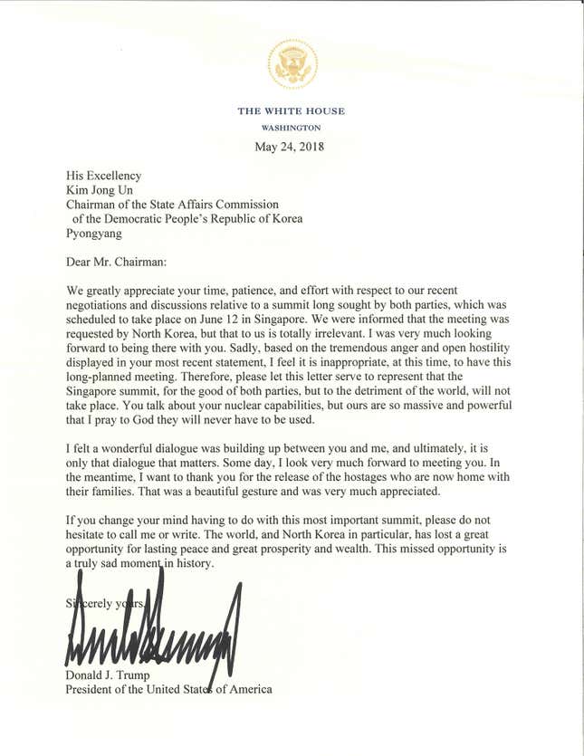 Image for article titled Read Donald Trump’s break-up letter to Kim Jong Un