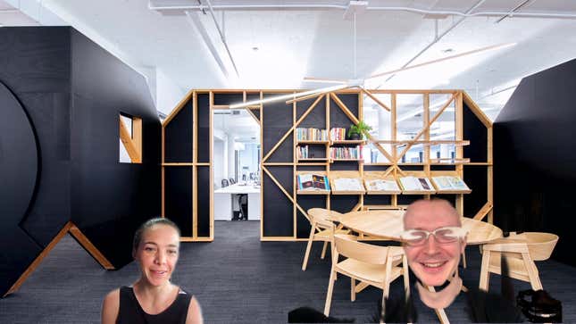 A screenshot of a Zoom call between the author and a co-worker. They both appear in front of a backdrop of the Quartz office, but about half of the author's face has been blurred into the background.